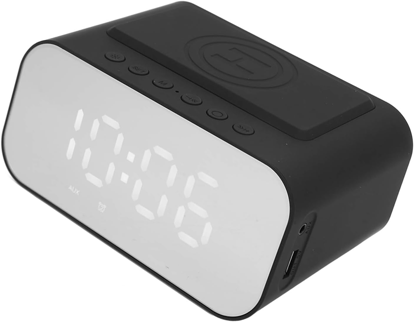 Altavoz Bluetooth con reloj despertador, cargador inalámbrico de 15 W de carga rápida, radio FM, temporizador de sueño, 3 niveles de brillo