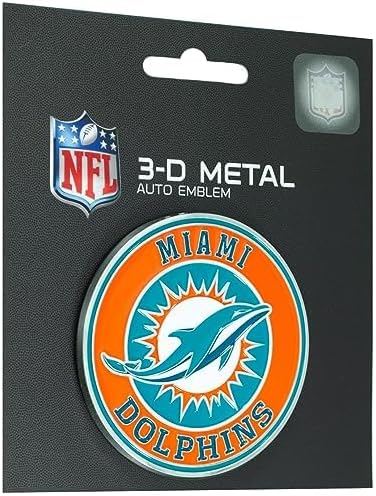 FANMATS – Emblema de metal 3D de los Miami Dolphins NFL para todo tipo de clima, para uso en interiores y exteriores, fácil instalación de despegar