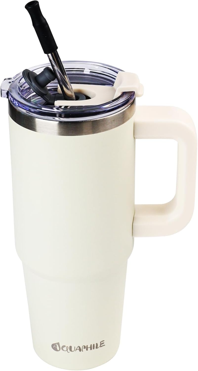AQUAPHILE Vaso aislado de 30 onzas con asa, taza de viaje de acero inoxidable con tapa y pajita, vaso de café portátil de doble pared a prueba de