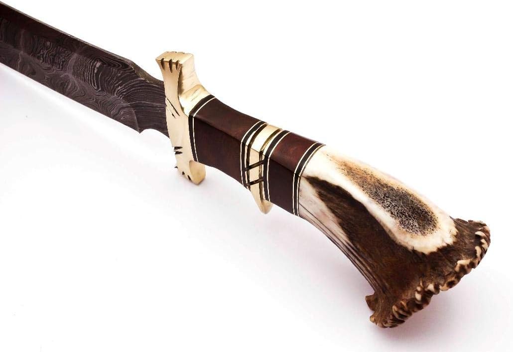 Cuchillo de caza de acero de Damasco con mango de asta de ciervo con madera de Burl y protector de latón, hoja de fijación de borde afilado hecho a