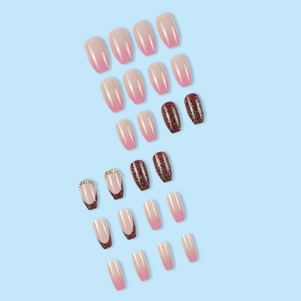 24 piezas de uñas cuadradas a presión, uñas postizas medianas, color rosa degradado, uñas adhesivas de cobertura completa, color rojo vino,