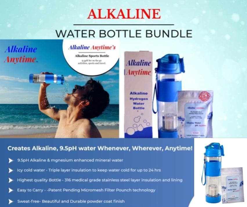 Alkaline Anytime – Botella de agua alcalina deportiva-1 (9.5 pH) filtro alcalino y acero inoxidable infundido a prueba de fugas, sin BPA,