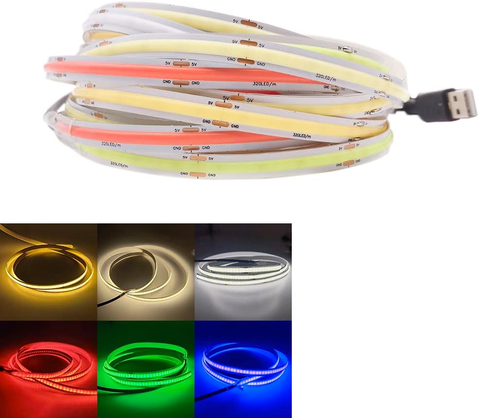 Tira de luces LED COB de 3.28 pies, 3.3 ft, 320 LED, alimentada por USB, tira de luz de alta densidad para retroiluminación de TV, dormitorio,