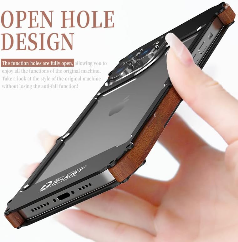 Kowauri Funda para iPhone 15 Pro Max, protección contra caídas, aleación de aluminio de metal y madera, funda protectora a prueba de golpes y caídas