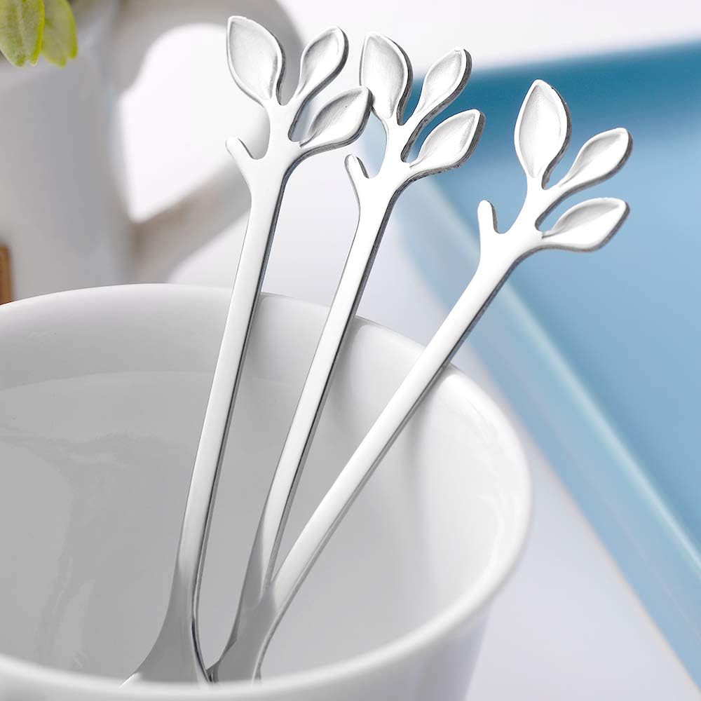 AnSaw Mini cucharas y tenedores con mango de hoja de 4.7 pulgadas, color plateado, 8 piezas, perfecto para café, postres, té, aperitivos, elegante