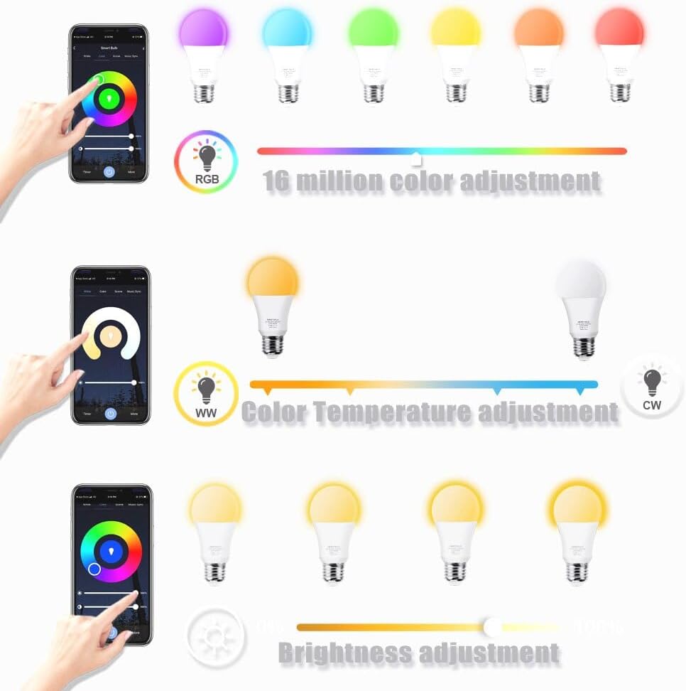 Bombillas inteligentes, cambio a todo color, bombillas inteligentes regulables de 9 W, no requiere concentrador, compatible con Alexa y Google