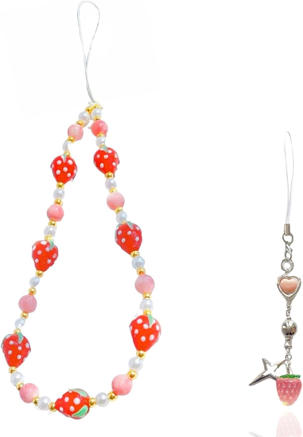 Meefisher 2 piezas de fresa con cuentas para teléfono, cordón de perlas de fruta dulce, correa de muñeca hecha a mano, cuentas antipérdidas,