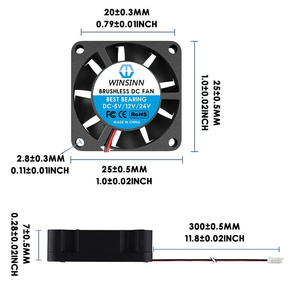 WINSINN Mini ventilador de 0.984 in 5 V Rodamiento hidráulico sin escobillas 2507 0.984×0.276 in – Alta velocidad (paquete de 4 unidades)