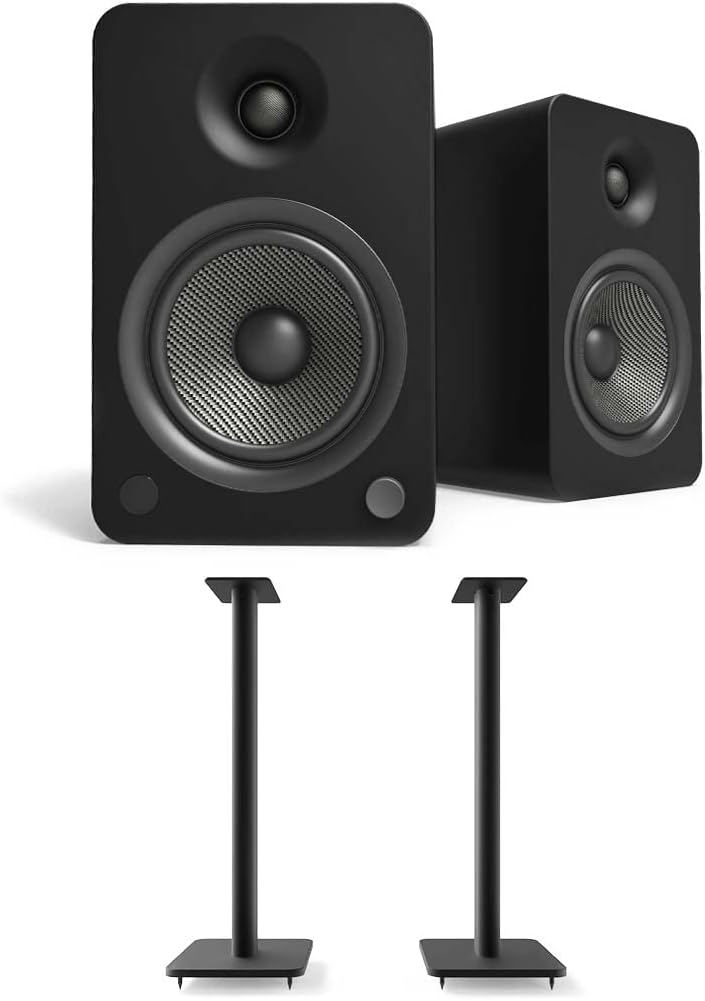 Kanto YU6MB – Altavoces de estantería de 200 W con Bluetooth, negro mate (par) SP26PL Soportes de altura fija de 26 pulgadas para altavoces de