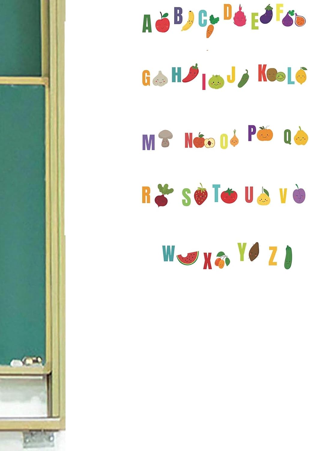 BIBITIME Calcomanías del alfabeto educativo para bricolaje, frutas, manzana, plátano, zanahoria, A, B, C, Z, letras para escuela, guardería,
