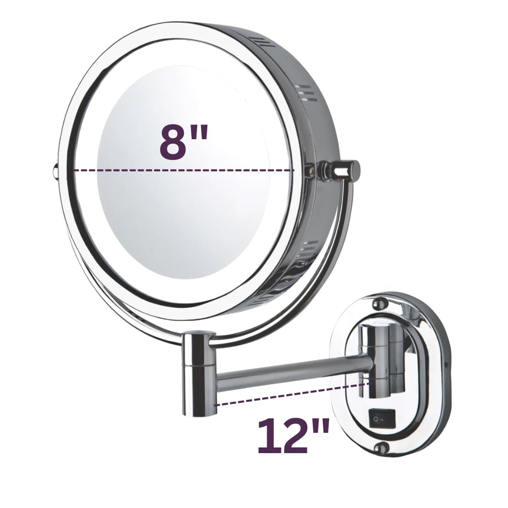 JERDON Espejo de maquillaje de pared iluminado de dos caras – Espejo de maquillaje con aumento 5X y brazo de montaje en pared – Espejo de 8 pulgadas