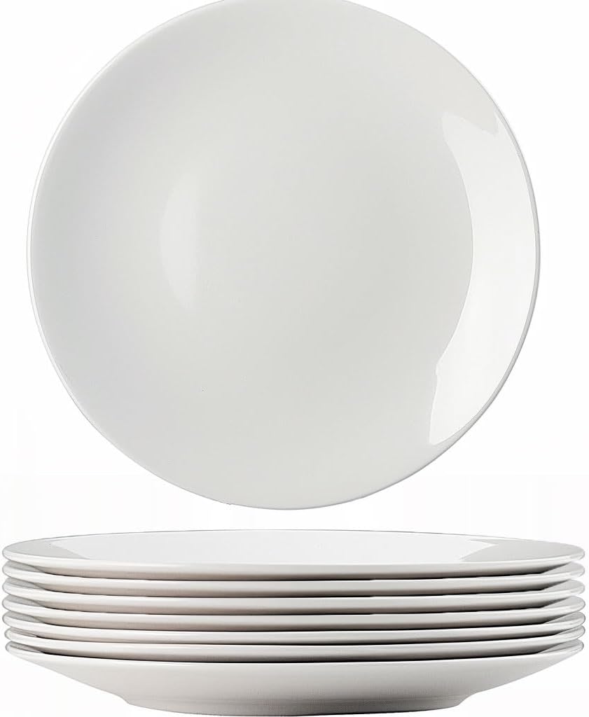 Tienda – Juego de platos llanos blancos de 8 piezas, triple capa resistente al vidrio y al astillado, platos redondos ligeros, plato de postre,