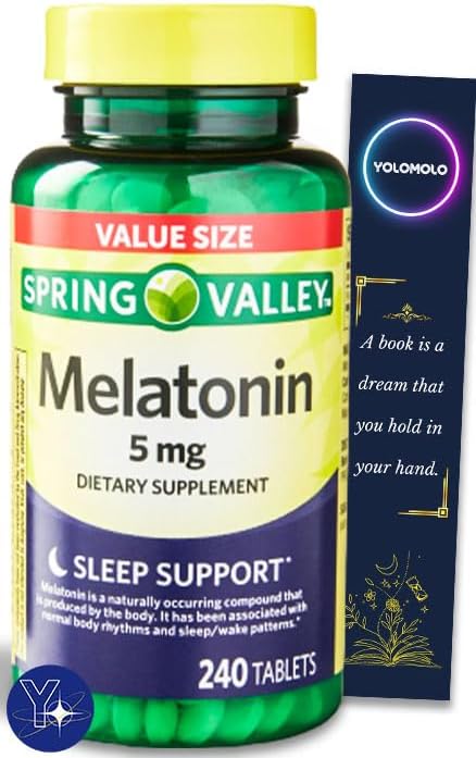 Tabletas de melatonina Spring Valley Suplemento dietético Tamaño de valor, 5 mg, 240 unidades y marcador de regalo de YOLOMOLO
