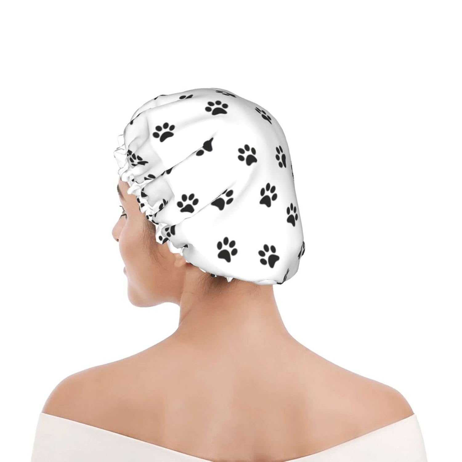 Gorro de ducha reutilizable con estampado de patas de perro para mujer, pelo largo, doble capa impermeable, gorro de ducha para niños, niñas y
