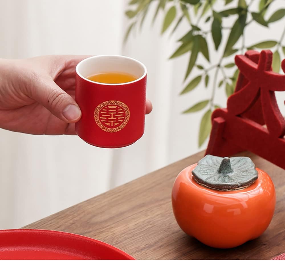 Juego de té de boda rojo de porcelana de doble felicidad, juego de té de boda de diseño de caqui, suministros de decoración de boda tradicionales
