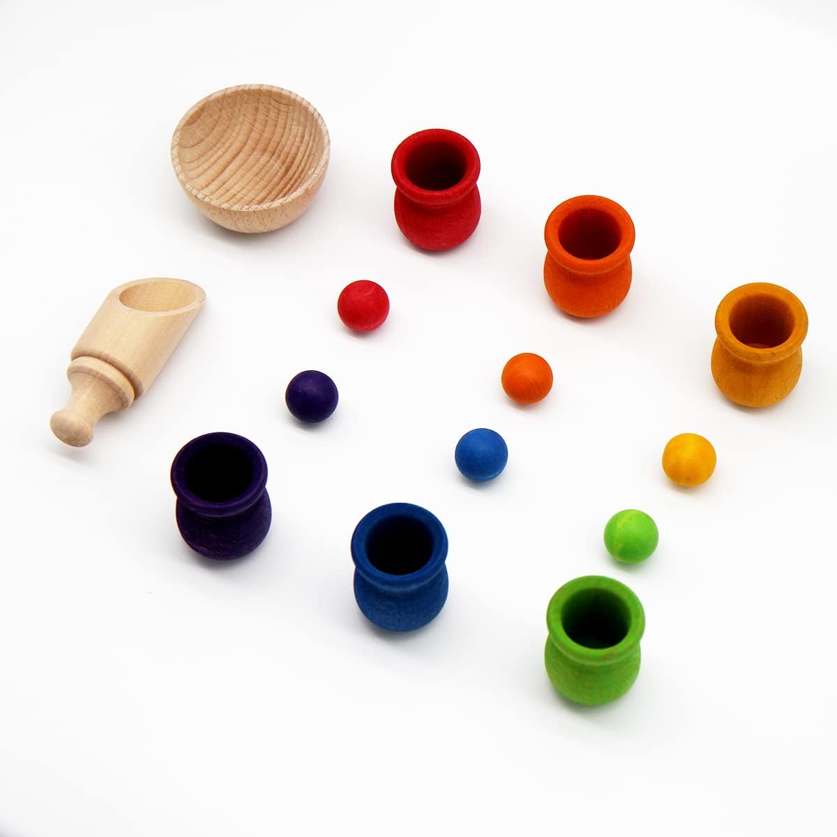 Mejora las habilidades motoras finas y la capacidad de juego con tazas y bolas de colores de madera de juguete, inspirado en la educación