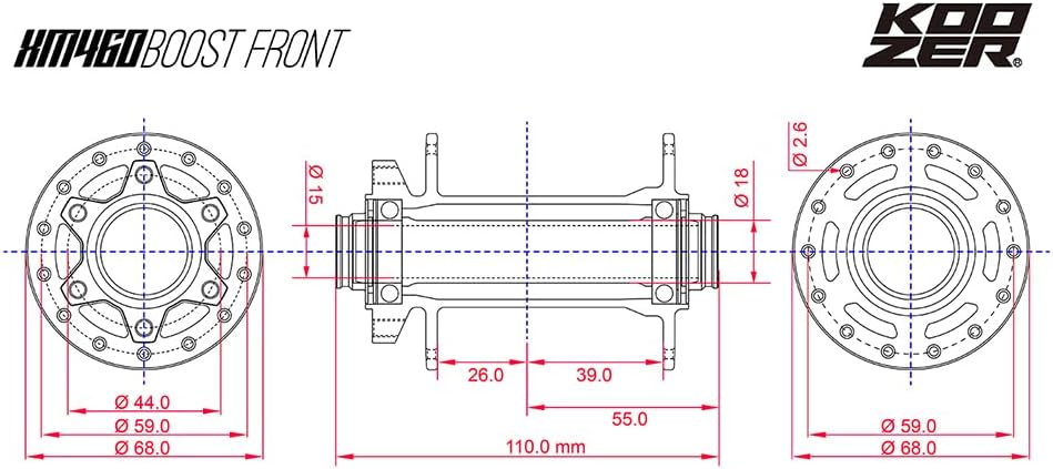 Boost MTB Buje Delantero, 28 Agujeros 28H 6 Pawls 72HD Freno de Disco 30 Acero Cromo Molibdeno Negro, Eje Pasante 0.591×4.331 in, para KOOZER XM460
