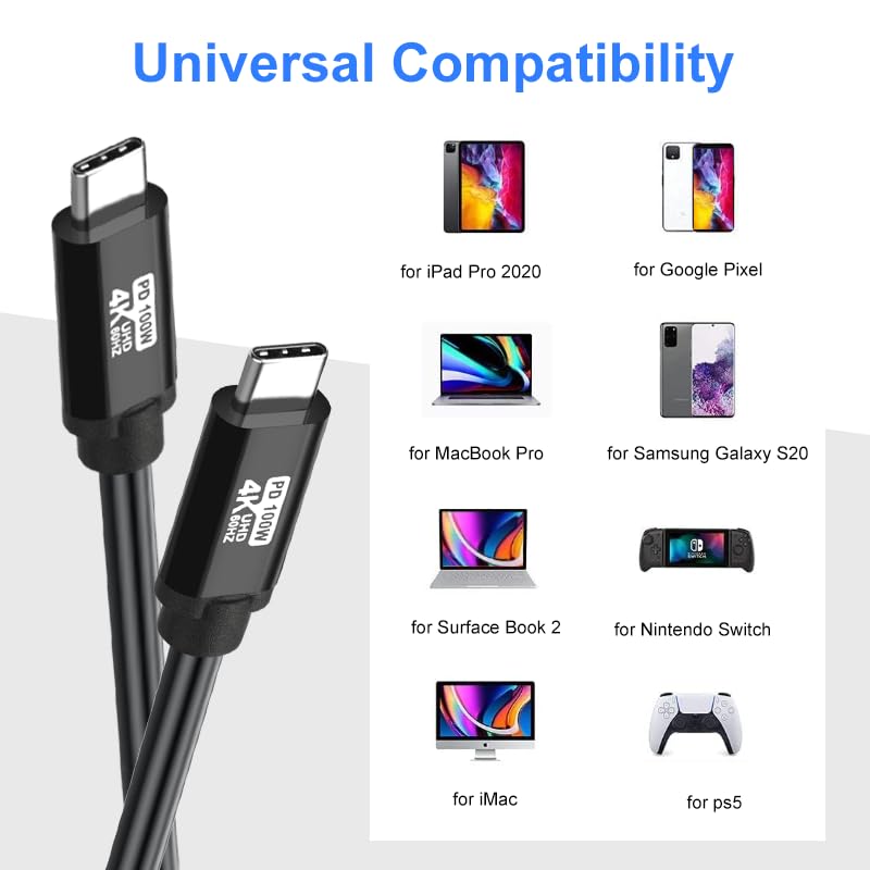 Cable USB C a USB C de 10 pies, 100 W 4K60HZ USB3.2 GEN2x2 compatible con Samsung Galaxy S23 S22 S21 S20 Ultra, Note 20 10, MacBook ProAir, iPad Pro