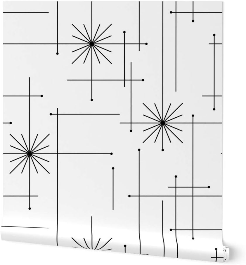 Spoonflower Papel tapiz para despegar y pegar, diseño geométrico de mediados de siglo, moderno, negro, blanco, monocromático, minimalista,