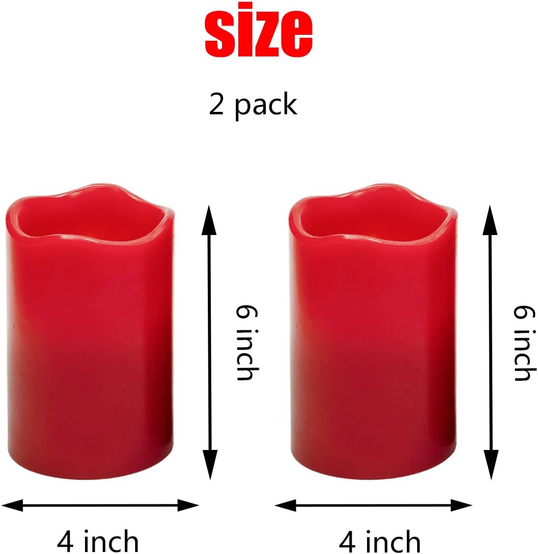 Vela sin llama, color rojo, 2 velas LED (4 x 6 pulgadas), hechas de cera real, vela parpadeante, con control remoto de 10 teclas