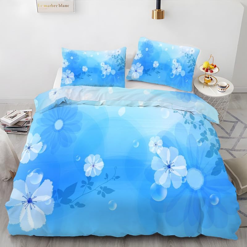 Funda de edredón floral azul claro tamaño California King, ropa de cama con estampado de flores, funda de edredón de microfibra suave y 2 fundas de