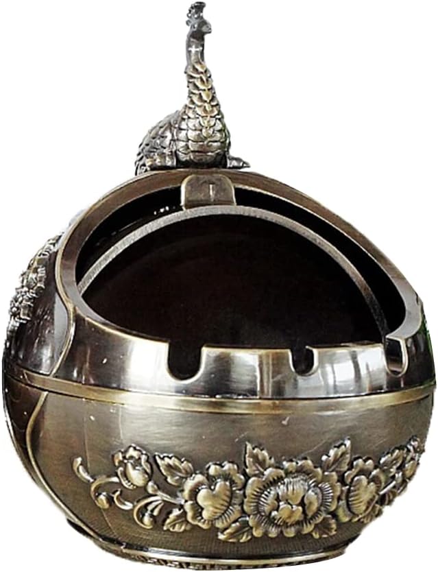 Willcome Cenicero vintage de pavo real con tapa, cenicero de metal resistente al viento, cenicero de escritorio para decoración del hogar y la