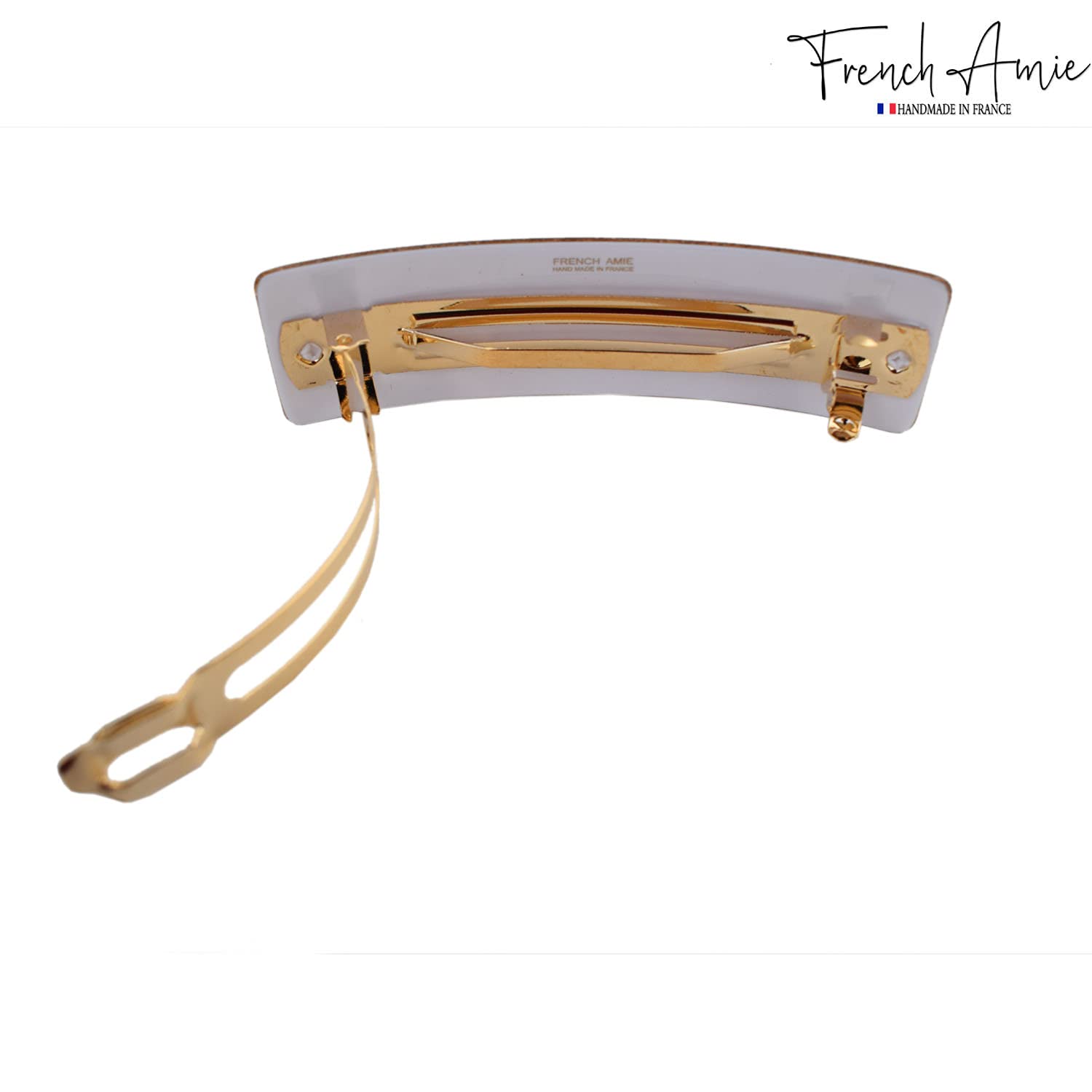 French Amie Pasador automático rectangular con purpurina dorada de 3 14 pulgadas, acetato de celuloide fuerte, hecho a mano, con cierre dorado para