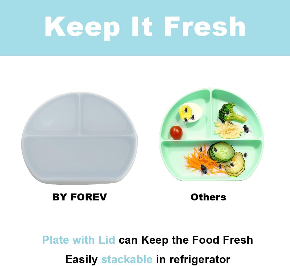BY FOREV Juego de alimentación de bebé de silicona, suministros de destete con ventosa dividida, juego de platos de autoalimentación para niños