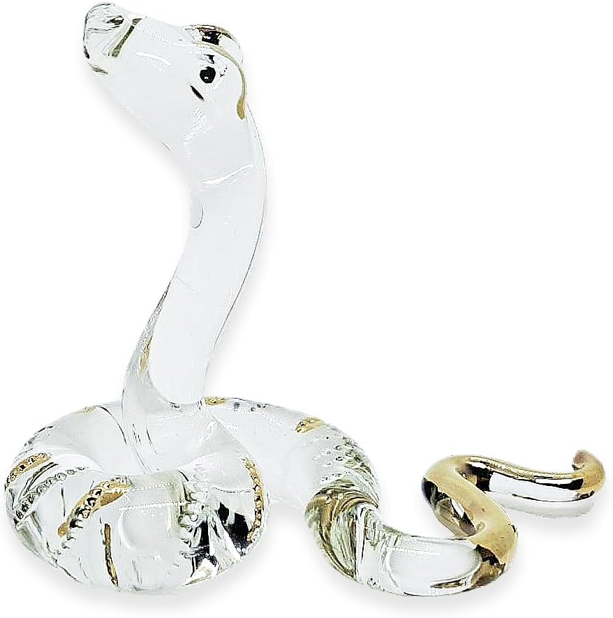 Pequeña figura de serpiente de cristal con cabeza de elevación de oro transparente de 2 pulgadas de largo, arte de animales coleccionables,
