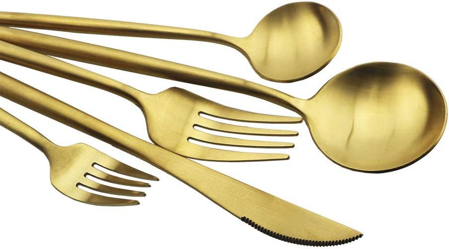 JASHII Juego de cubiertos de acero inoxidable dorado mate, juego de cubiertos de oro, servicio para 4, juego de vajilla para el hogar y restaurante.