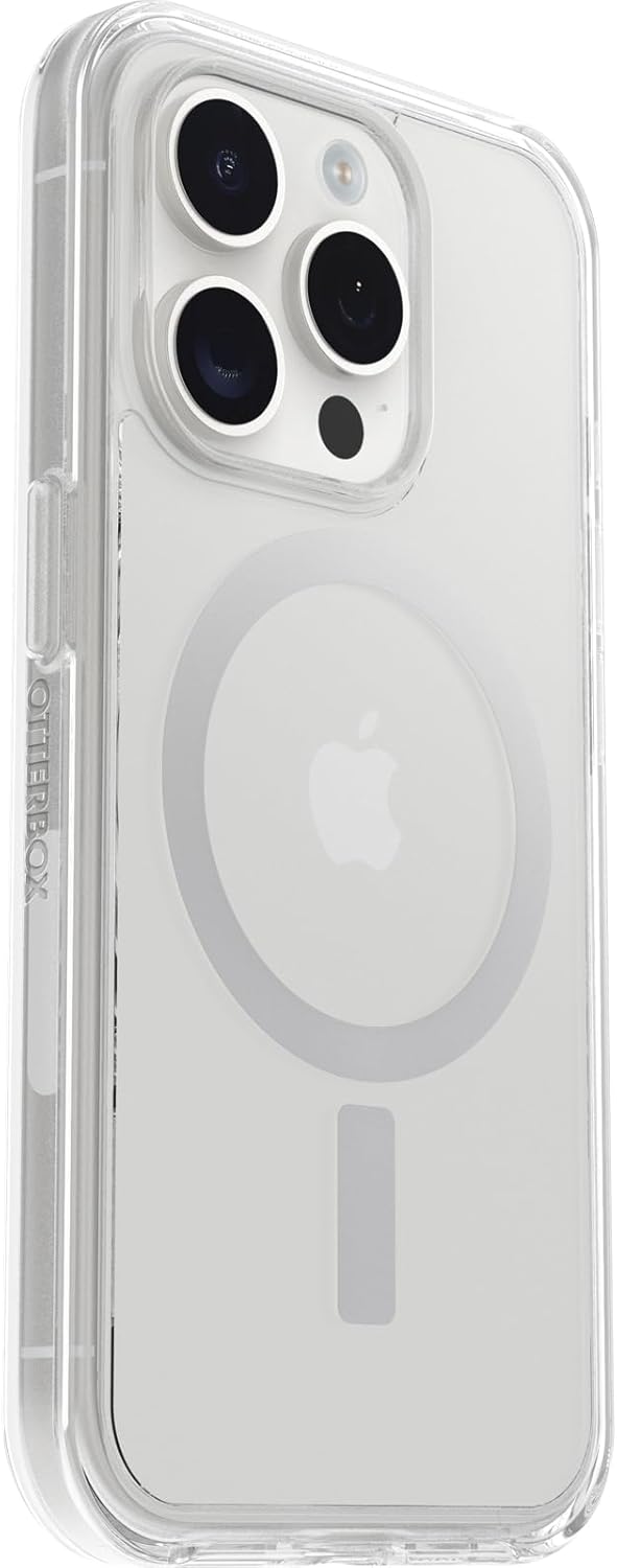 OtterBox Funda transparente para iPhone 15 Pro (solamente) de la serie Symmetry – (transparente), se ajusta a MagSafe, ultra suave, bordes elevados