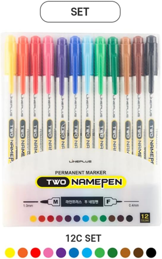 LINEPLUS Marcadores permanentes de doble punta de 12 colores – Puntas finascinceles versátiles para uso en múltiples superficies