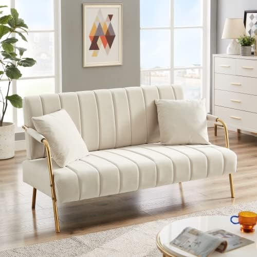 Sofá biplaza de terciopelo con 2 almohadas, sofá de tela con patas de metal para espacios pequeños, sofá modular suave de 2 asientos para sala de