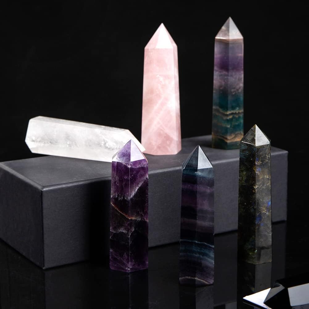 CASMON Torre de cristal de amatista de 3.2 a 3.5 pulgadas, varita de punto de cristal curativo de 6 prismas naturales de lepidolita natural con caja