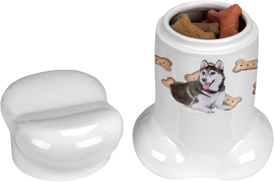 Caroline’s Treasures CK2292BSTJ Husky siberiano #2 – Tarro de golosinas en forma de hueso para perros con tapa para galletas y galletas, color blanco