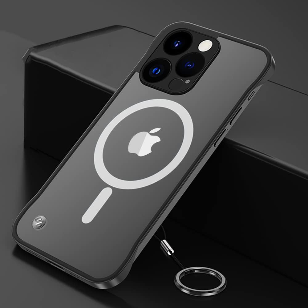 Omio – Funda magnética delgada para iPhone 15 Pro compatible con MagSafe, transparente mate, ultrafina, diseño sin marco, sin bordes con bucle para