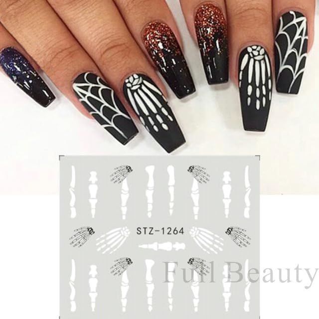 Diduikalor 6 calcomanías de arte de uñas de Halloween 3D, diseño de araña de esqueleto, diseño de arte de uñas, autoadhesivas, diseño de calavera