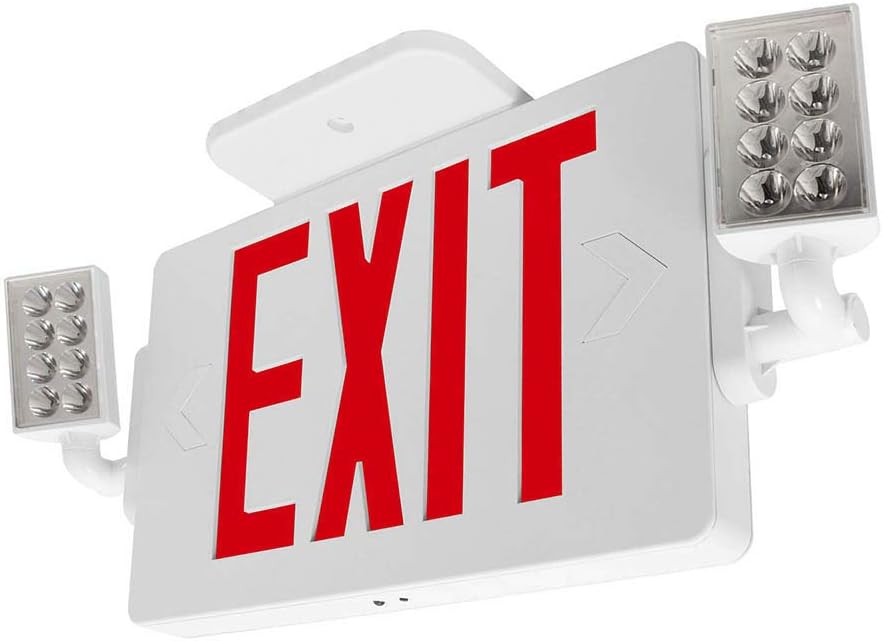 LFI Lights  Letrero de salida rojo combinado delgado con luces de emergencia  Carcasa blanca  Todos los LED  Dos cabezales ajustables  cableado con