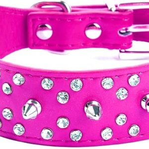 Collar de perro de piel sintética con diamantes de imitación, suave y ajustable para perros medianos y grandes (S, rosa intenso) Collar de perro de piel sintética con diamantes de imitación, suave y ajustable para perros medianos y grandes (S, rosa intenso)