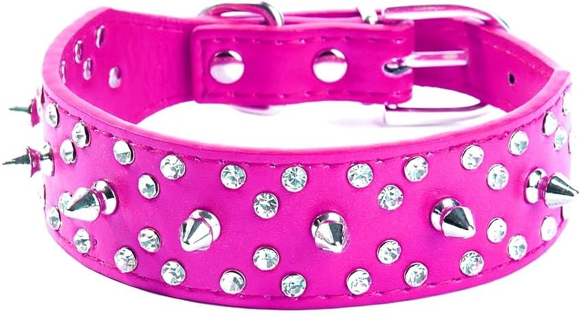 Collar de perro de piel sintética con diamantes de imitación, suave y ajustable para perros medianos y grandes (S, rosa intenso)