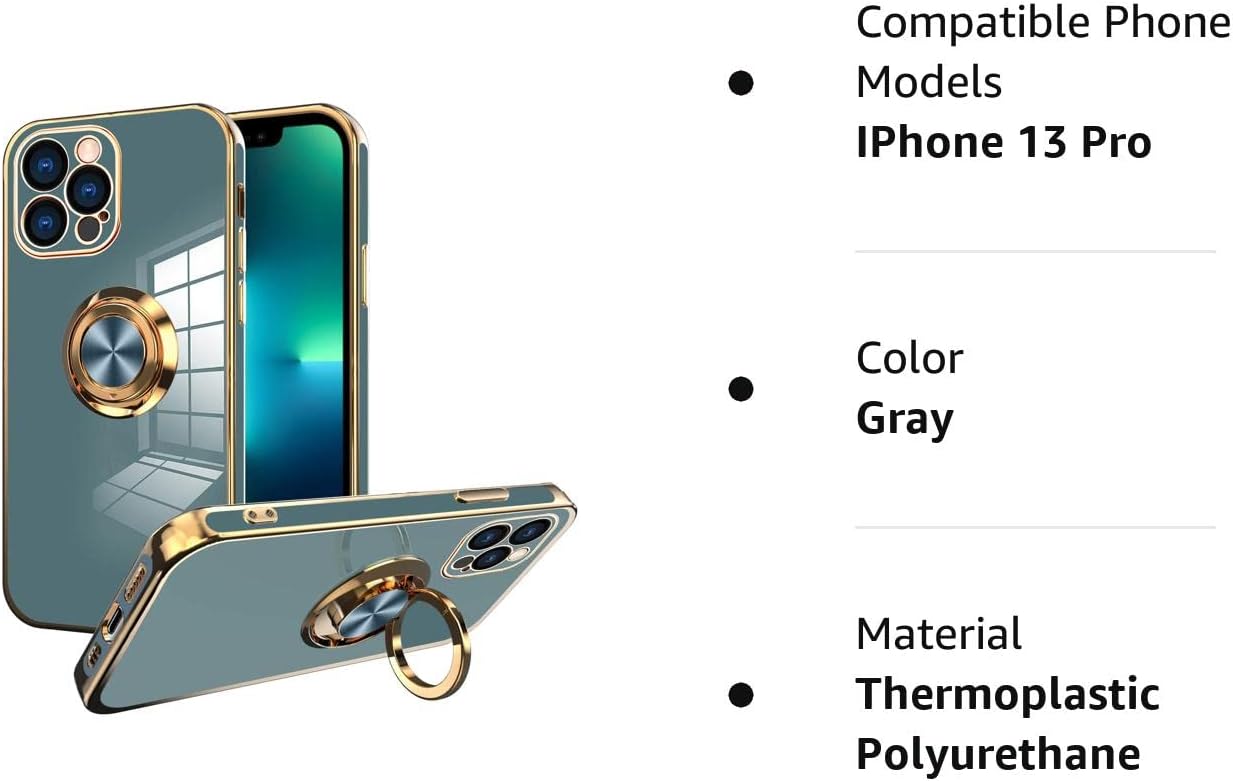 OOK Funda compatible con iPhone 13 Pro con soporte para anillo, protección completa para lente de cámara, chapado en oro rosa, 360, soporte de