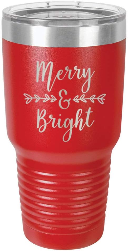 MERRY & BRIGHT Vaso rojo de 30 onzas con popote y tapa superior deslizante  Taza de viaje de acero inoxidable  Comparar con Yeti Rambler