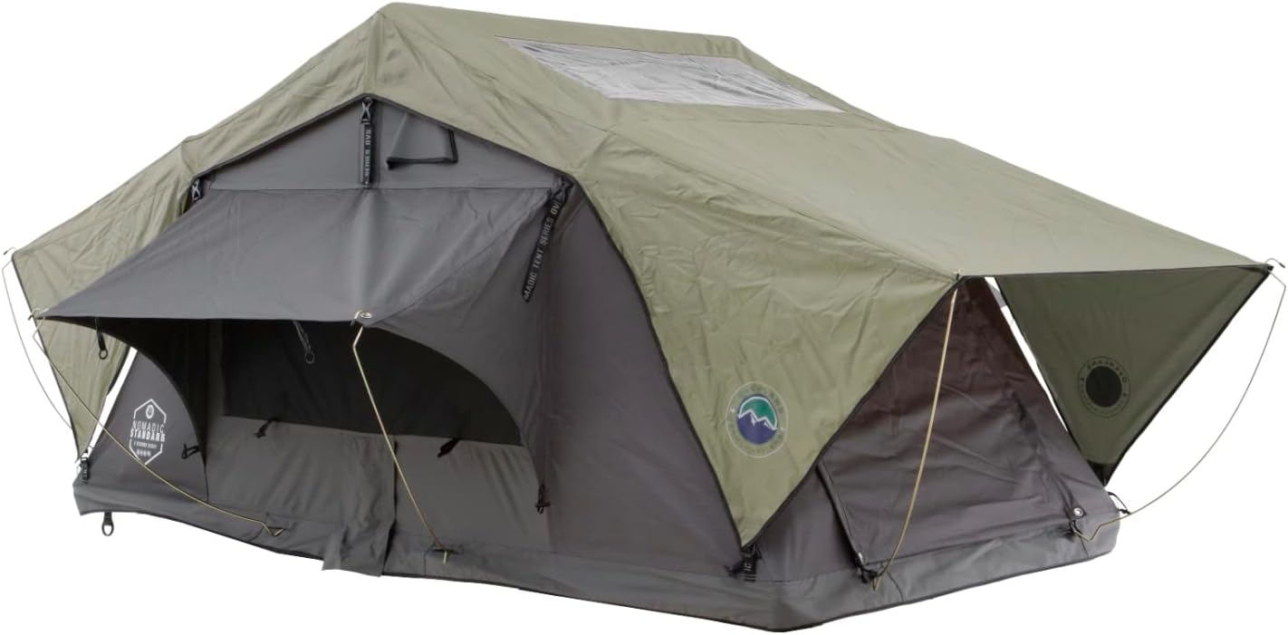 Overland Vehicle Systems HD Nomadic 3 – Tienda de campaña de techo de cubierta suave estándar, base gris oscuro con mosca de lluvia verde y cubierta