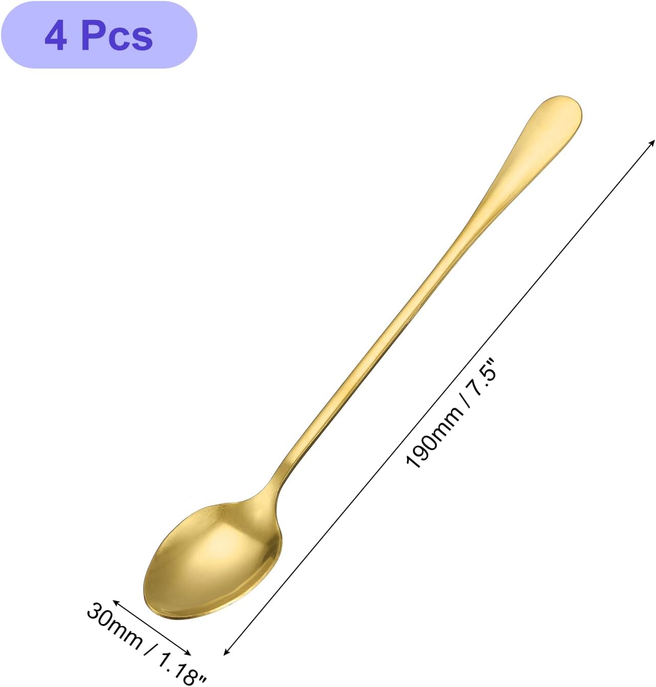 uxcell Juego de 4 cucharas de mango largo, cuchara de helado de acero inoxidable de 7.5 pulgadas, cucharas de café para mezclar, bebidas, café