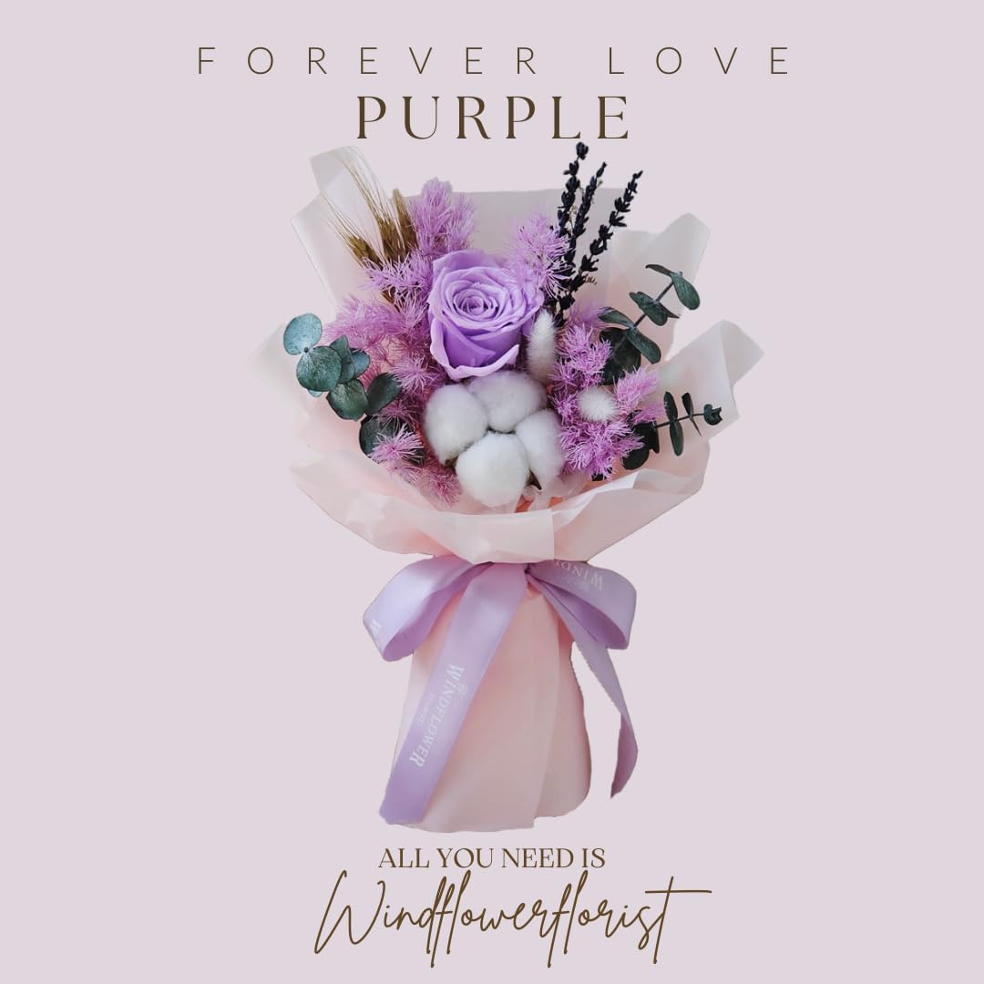 Forever Love Purple – Ramo de flores preservadas, rosas y flores naturales de larga duración, caja de regalo para el día de San Valentín, día de la
