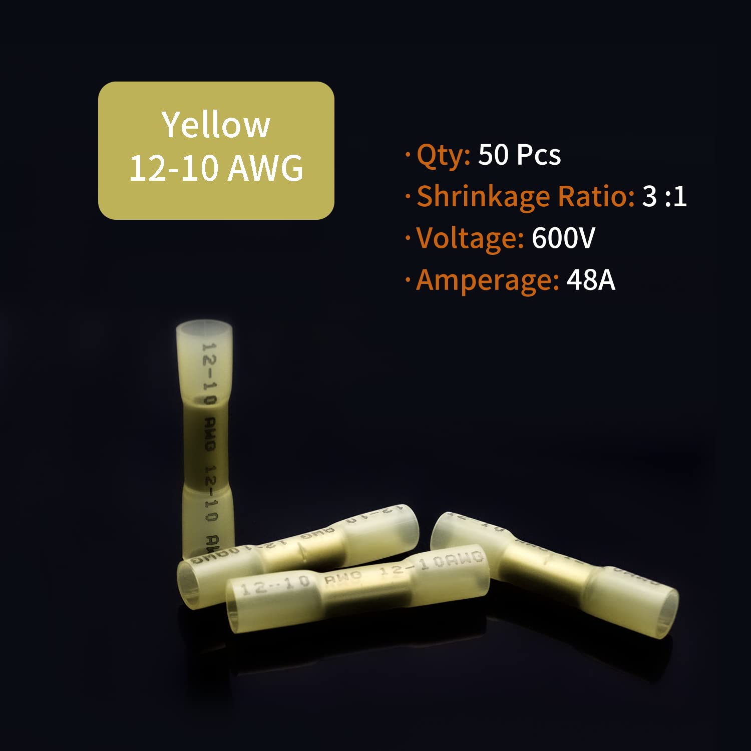 Conectores a tope termorretráctiles de 12-10 AWG, 50 unidades, amarillos, impermeables, conectores de cable eléctrico, empalme, terminales de