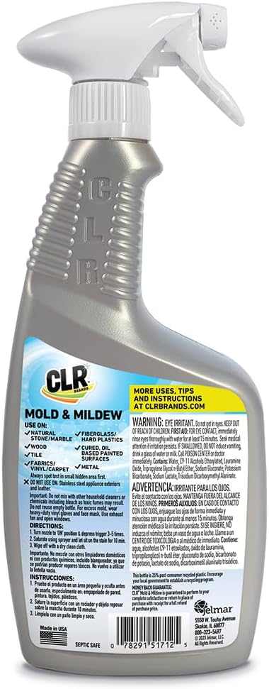 CLR Mold & Mildew Clear – Spray removedor de manchas sin blanqueador, funciona en azulejos de baño, vidrio, tela, hormigón y más, spray de 32 onzas