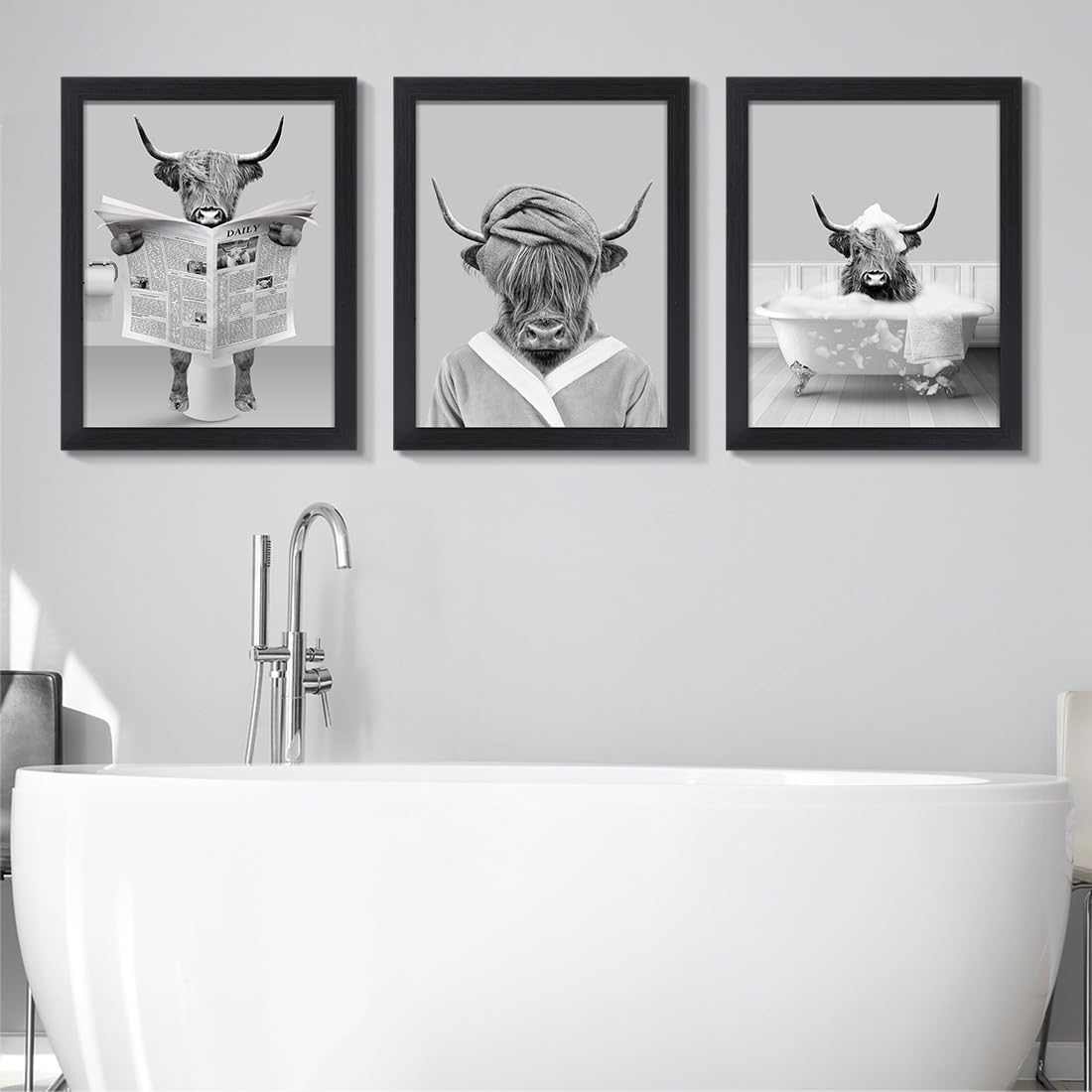 Gardenia Art Divertida decoración de vaca de las tierras altas en blanco y negro, arte de pared de granja, decoración de baño, póster vintage de