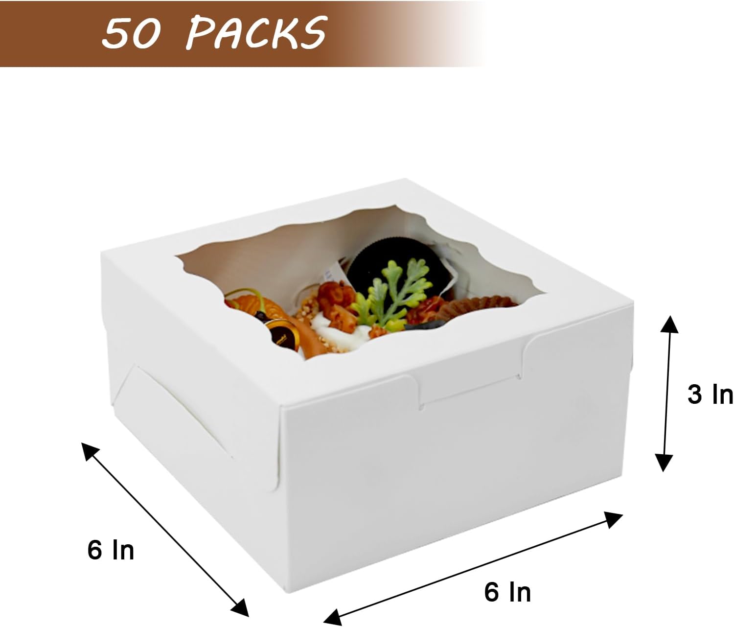 XIINHPKGG – 50 cajas de galletas de 6 x 6 x 3 pulgadas cajas de panadería con ventana, cajas de golosinas, cajas de fresas, mini cajas de pastel