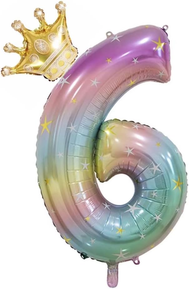 Globos de 40 pulgadas con corona de arco iris número 6, globos de 6 cumpleaños para niños, decoraciones de cumpleaños número 6. (6)
